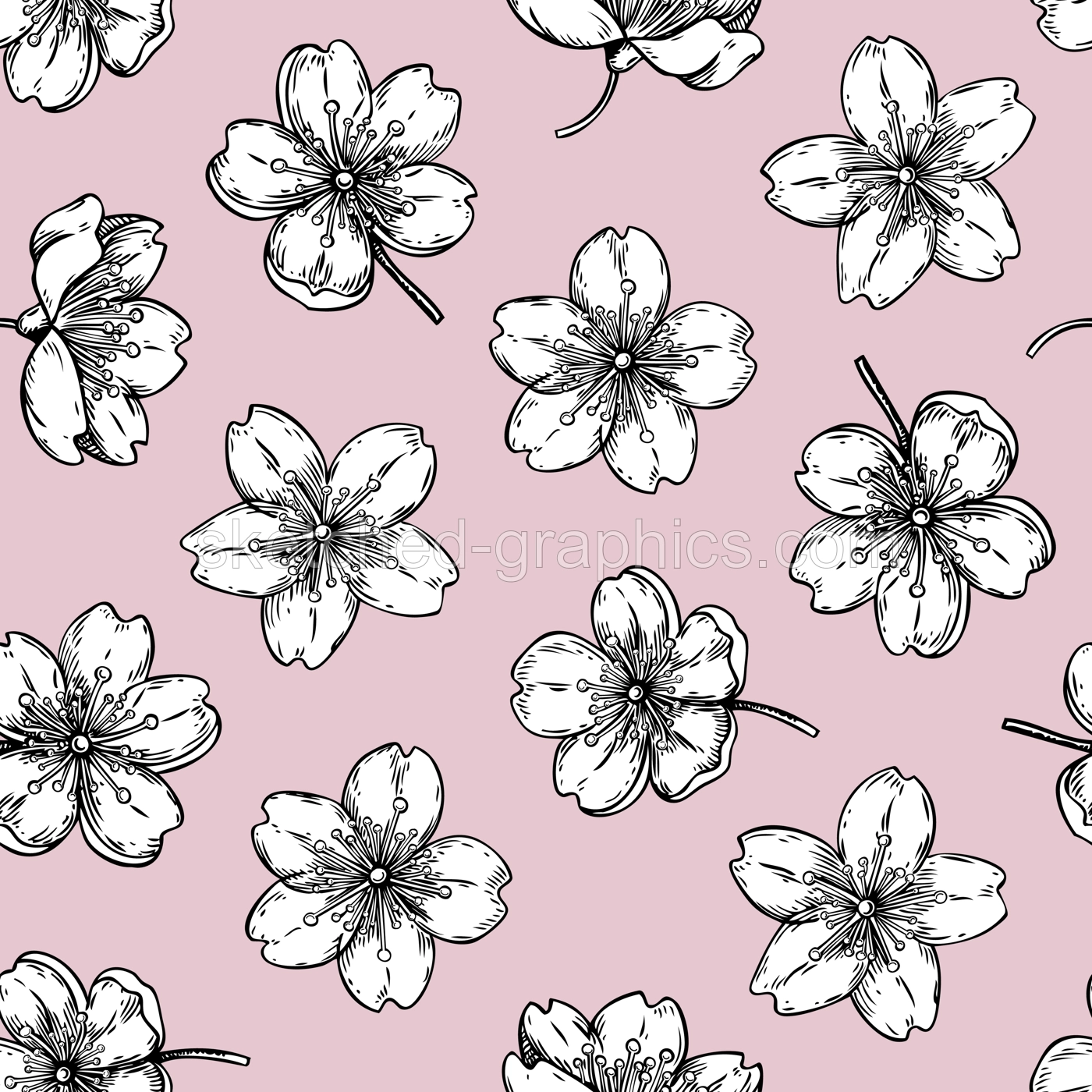 Sakura flowers pattern. Cherry blossom background. Blooming flower sketches. Floral seamless design. Hand-drawn vector illustration. NOT AI genereted Illustration